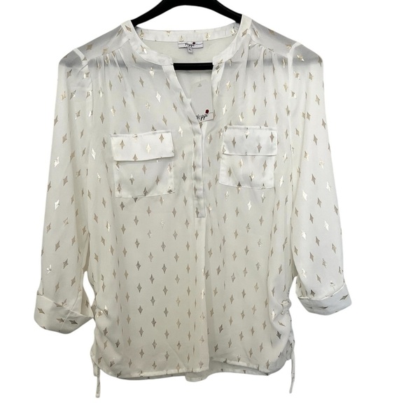 White and Gold Women's Top Size XL 3/4” Sleeves Semi Sheer SEE VIDEO - Picture 3 of 4